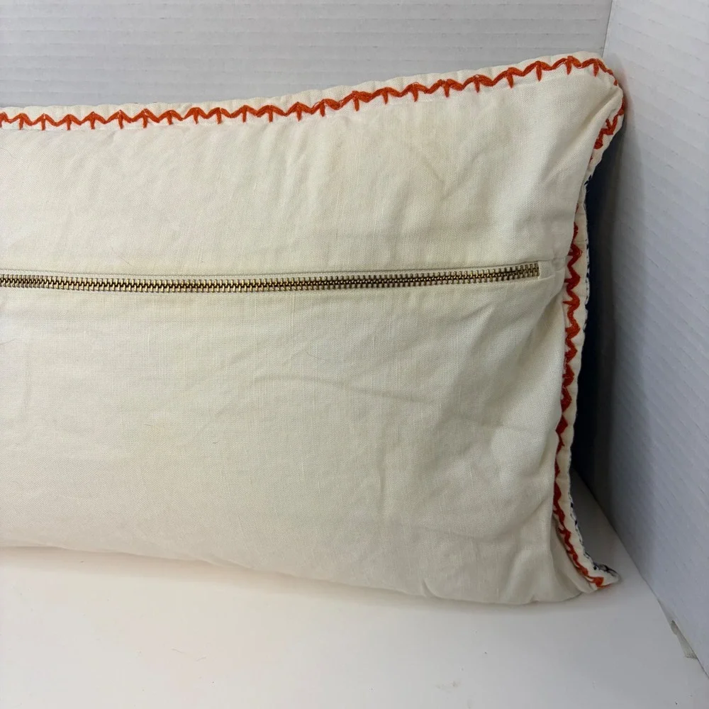 Serena & Lily Blue Geometric Block Print Lumbar Pillow Cover Orange Whipstitch